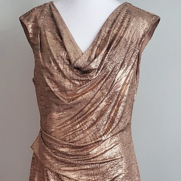 NWOT* Women's Ruched Party Dress Rose Gold Metallic & Black Cowl Neck Size 12 - Picture 1 of 12